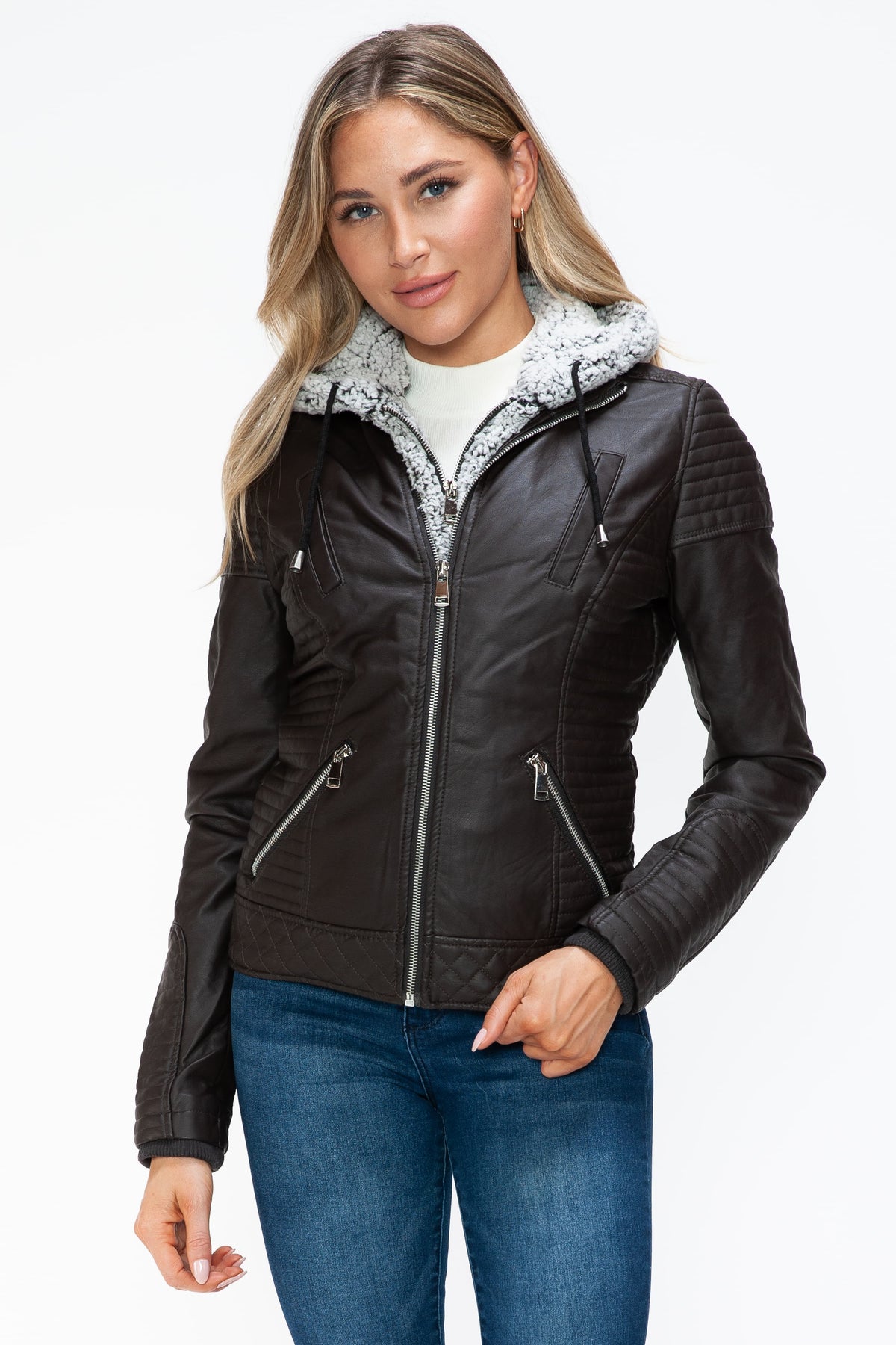 Hazel Blues® |  YMI Faux Layered Double-Zipper Jacket with Fuzzy Hood