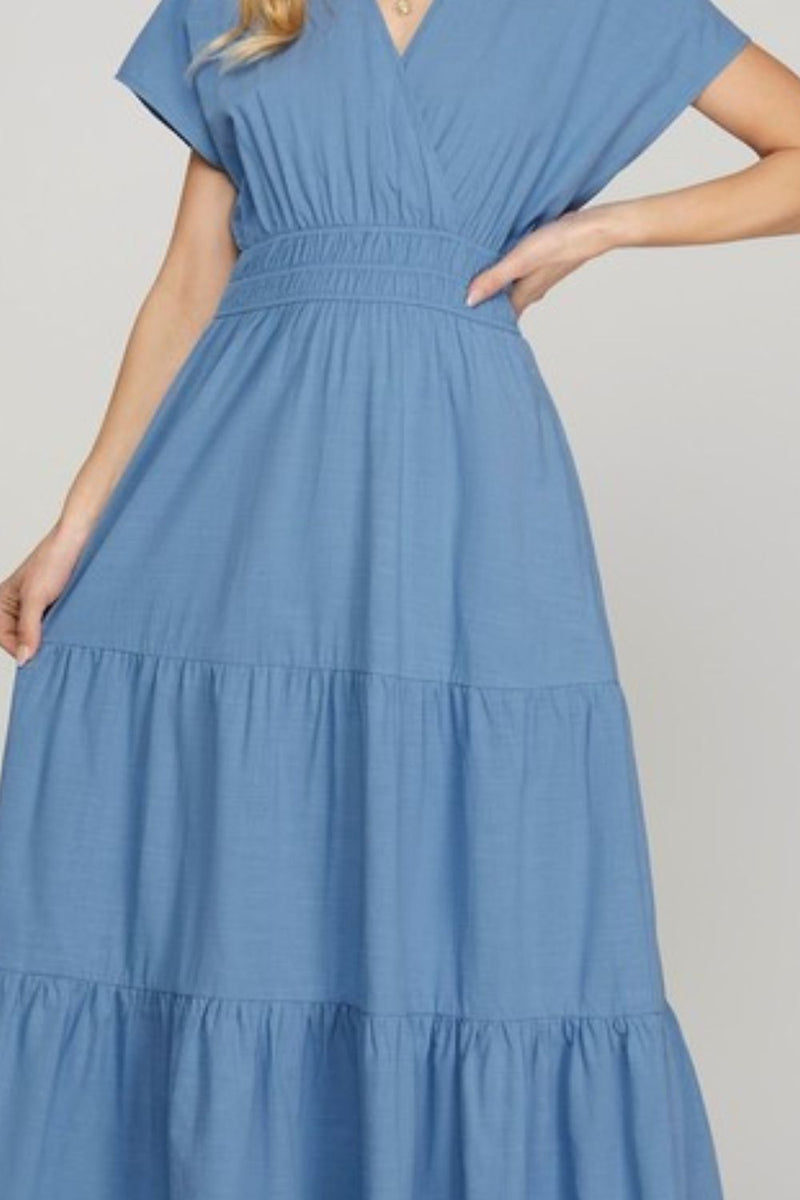 Hazel Blues | She + Sky Surplice Short Sleeve Tiered Maxi Dress With Pockets Hazel Blues | She + Sky Surplice Short Sleeve Tiered Maxi Dress With Pockets