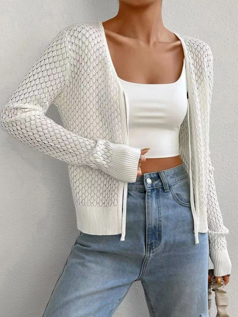 Tied Openwork V-Neck Long Sleeve Cardigan