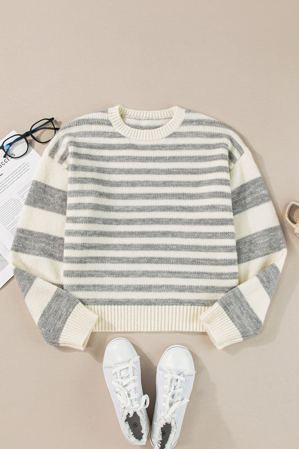 Hazel Blues® |  Striped Round Neck Dropped Shoulder Sweater