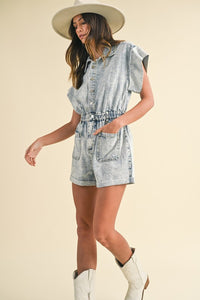 Hazel Blues® |  Annie Wear Elastic Waistband Short Sleeve Denim Romper