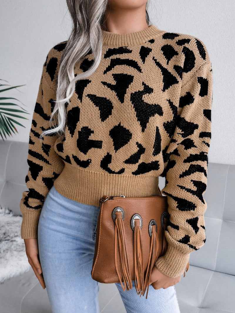 Hazel Blues® |  Leopard Round Neck Dropped Shoulder Sweater