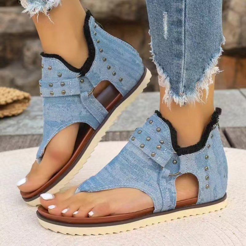 Hazel Blues® |  Studded Raw Hem Flat Sandals