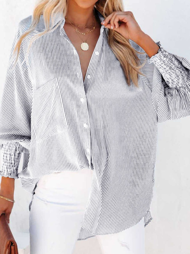 Hazel Blues® |  Striped Collared Neck Lantern Sleeve Shirt