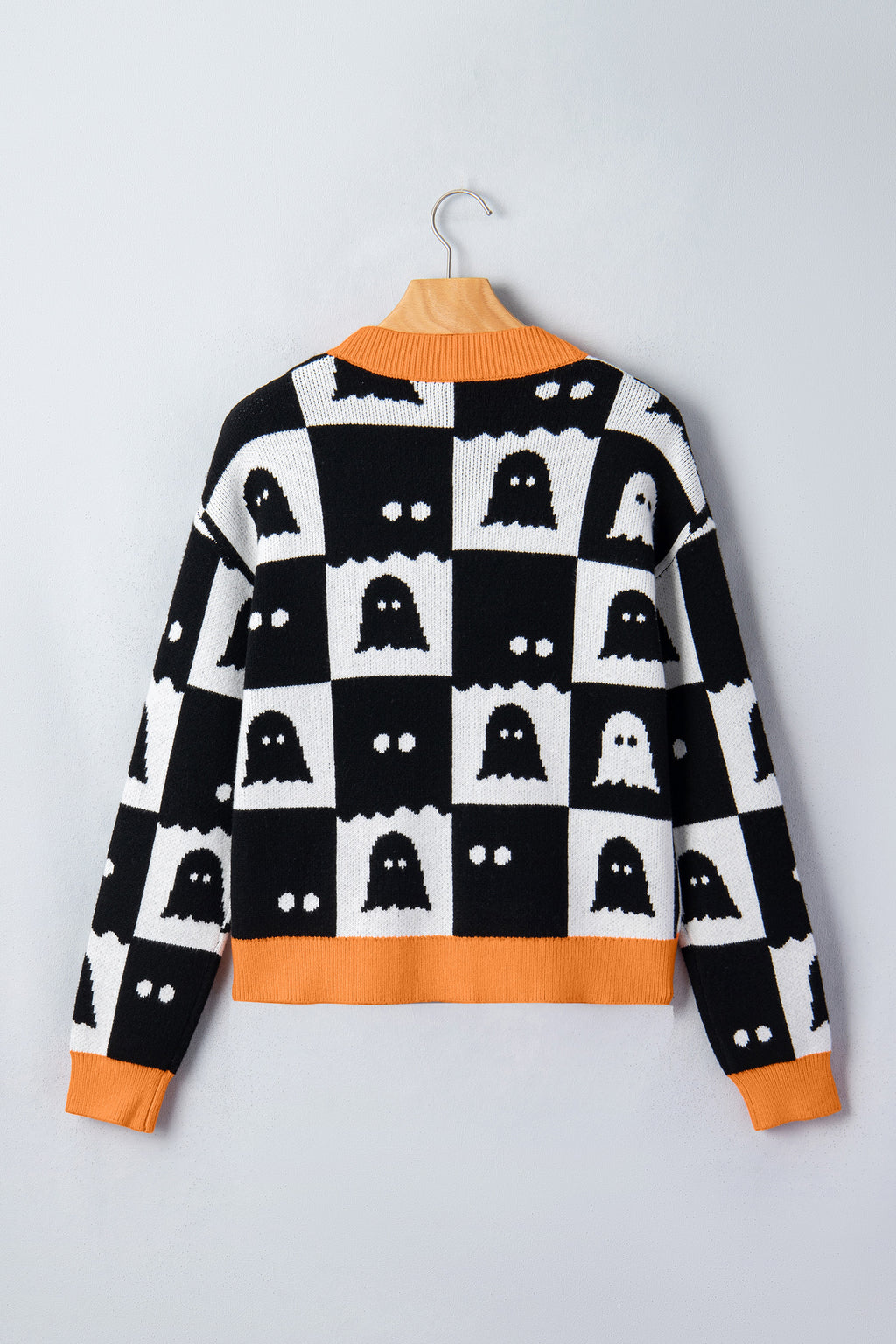 Black Geometric Ghost Print Drop-Shoulder Knit Cardigan
