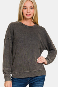 Hazel Blues® |  Zenana Washed Round Neck Dropped Shoulder Sweatshirt