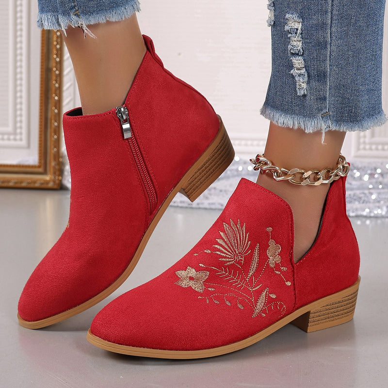 Hazel Blues® |  Embroidered Suede Point Toe Block Heel Boots