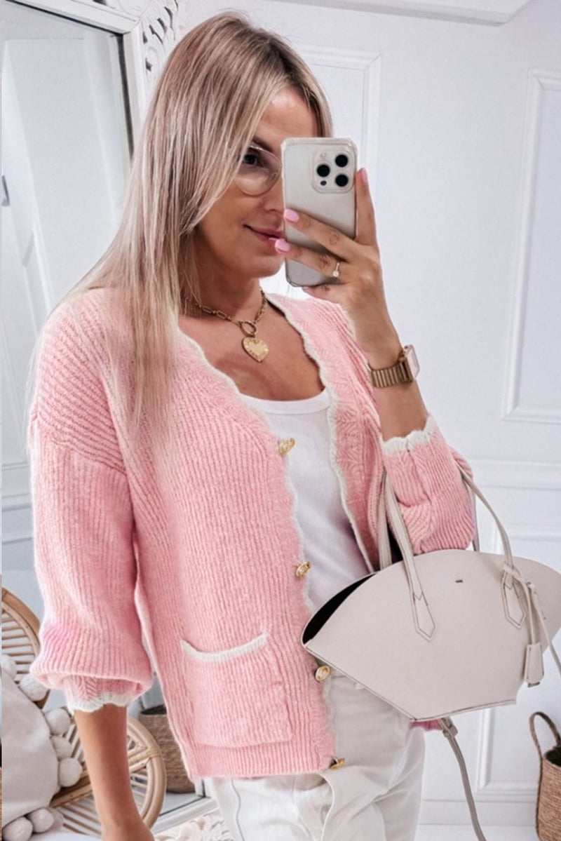 Hazel Blues® |  Contrast Trim V-Neck Long Sleeve Cardigan