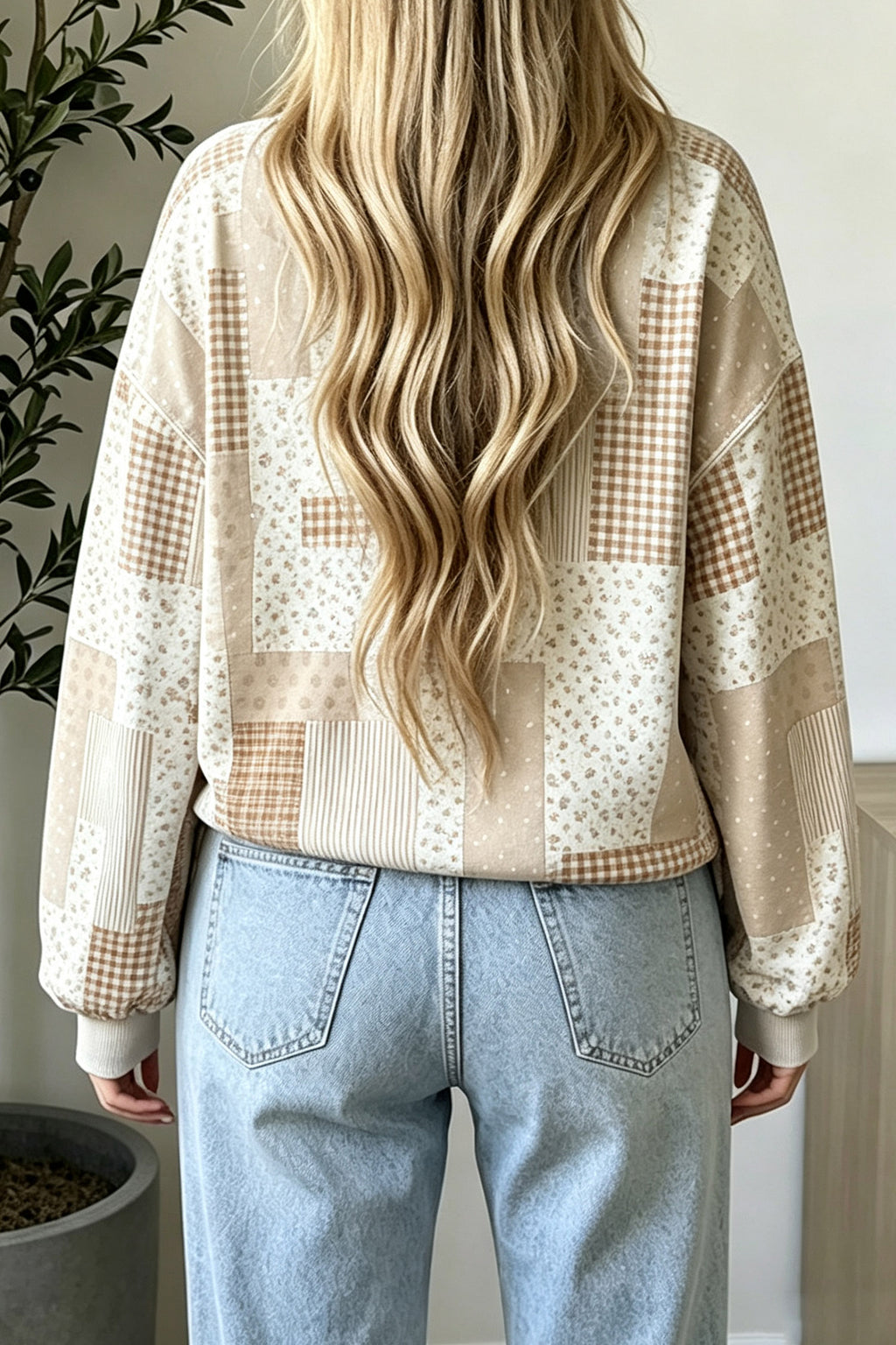 Emery Sage Khaki Patchwork Floral Print Mock Neck Long-Sleeve Sweatshirt