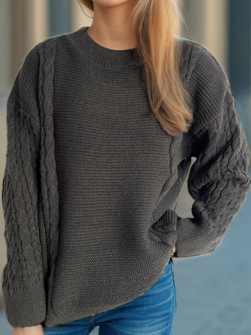 Hazel Blues® |  Cable-Knit Round Neck Long Sleeve Sweater