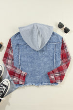 Hazel Blues® |  Raw Hem Drawstring Plaid Denim Jacket