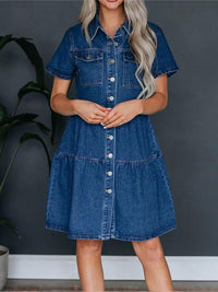 Hazel Blues® |  Pocketed Button Up Collared Neck Short Sleeve Denim Dress