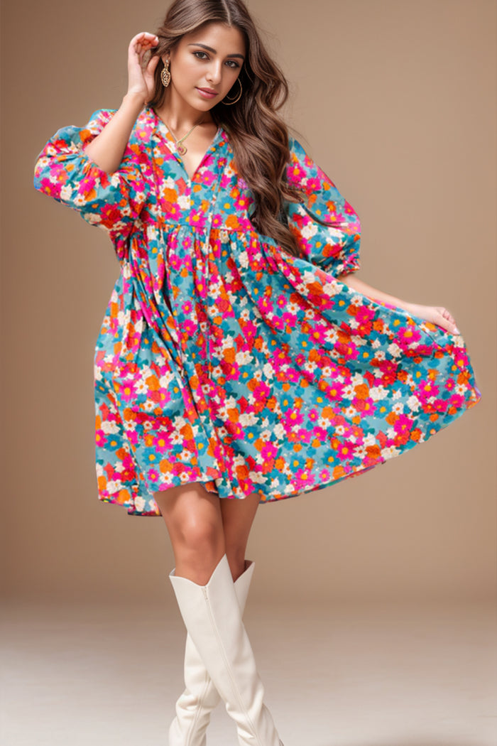 Hazel Blues® |  Floral Tie Neck Puff Sleeve Mini Dress