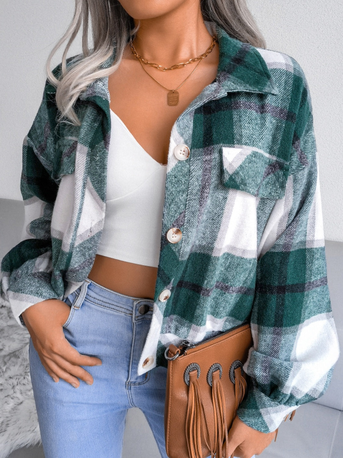 Hazel Blues® |  Plaid Collared Neck Long Sleeve Jacket