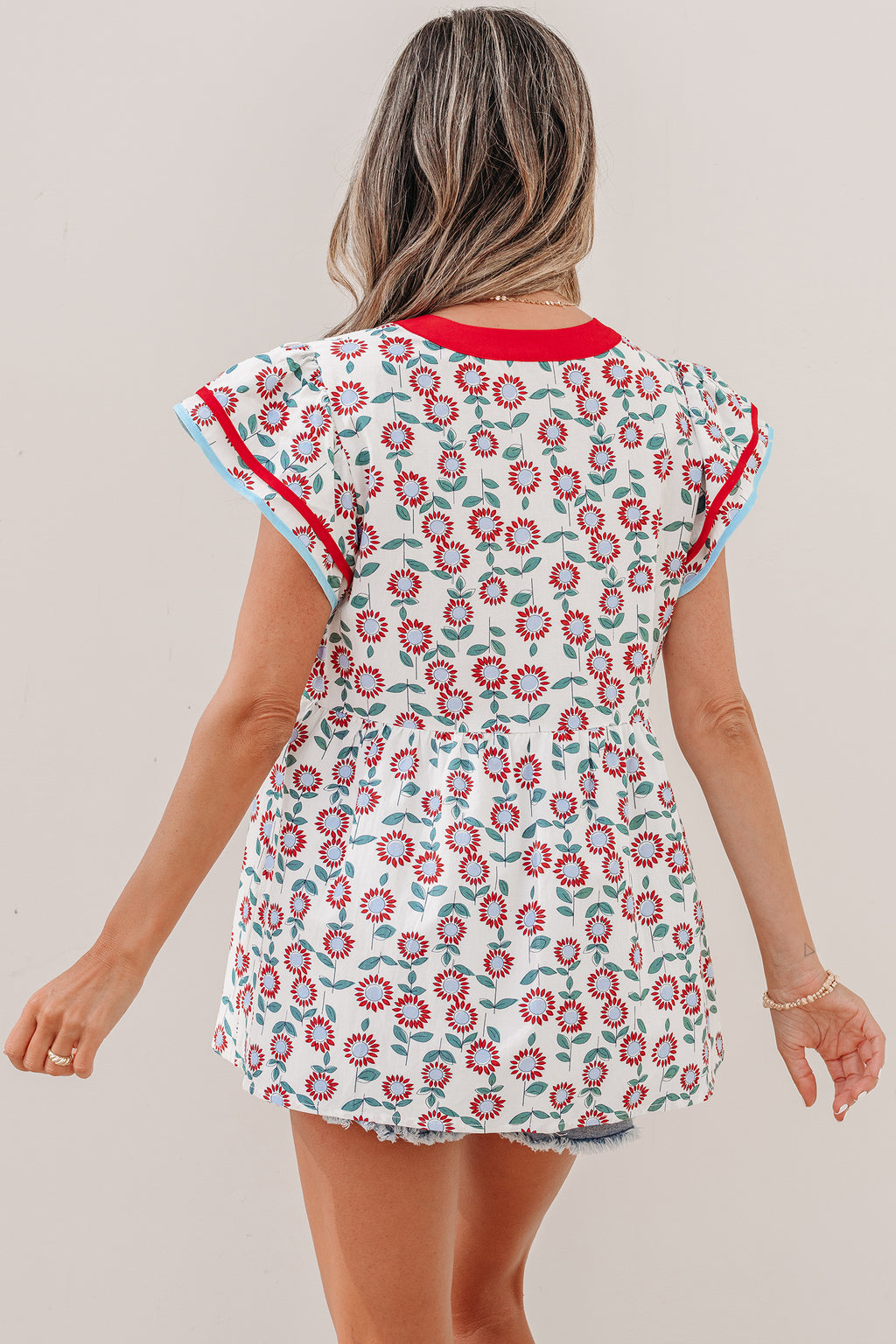 Red Sunflower Printed Contrast Trim V-Neck Flutter Sleeve Blouse