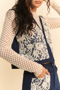 Hazel Blues® |  Davi & Dani Lace Patch Open Front Denim Vest