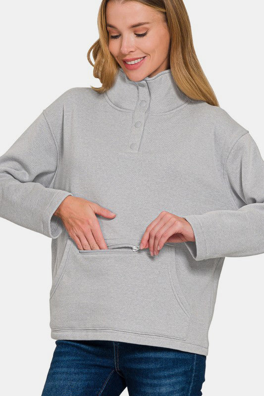 Hazel Blues® |  Zenana Turtleneck Half Snap Fleece Sweatshirt