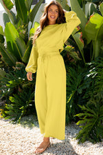 Hazel Blues® |  Yellow Cream Drop Shoulder Puff Sleeve Crop Pullover Drawstring Wide Leg Pants Set