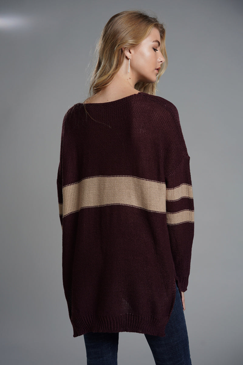 Slit Contrast V-Neck Long Sleeve Sweater