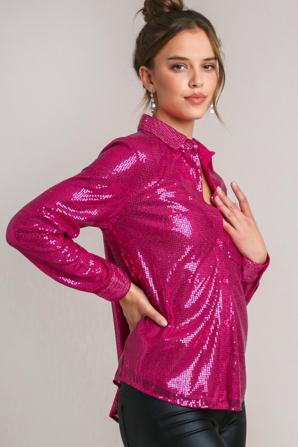 Hazel Blues® |  Umgee Sequin Long Sleeve Shirt with Side Chest Pocket