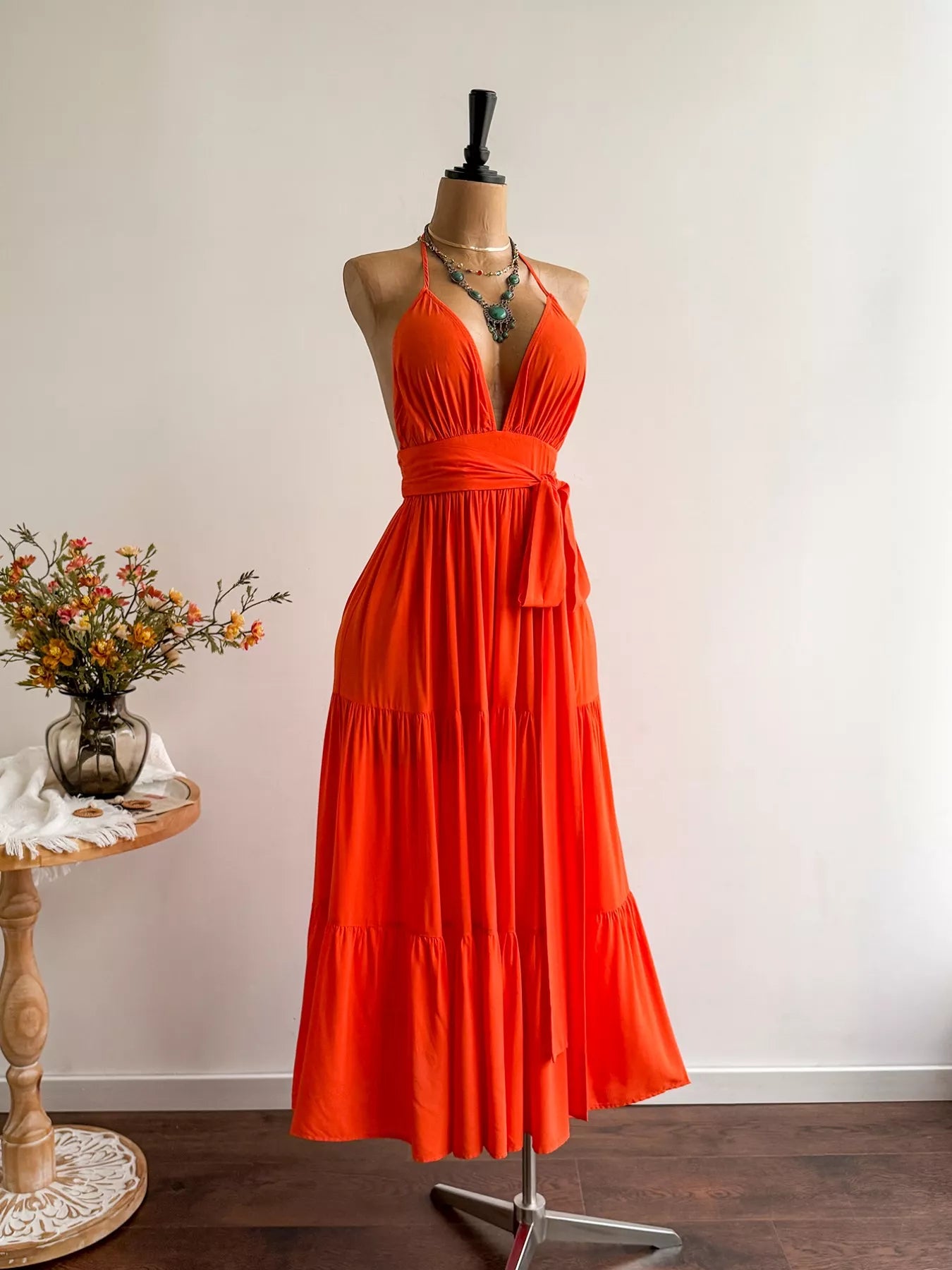 Orange Halter Neck Tiered Dress