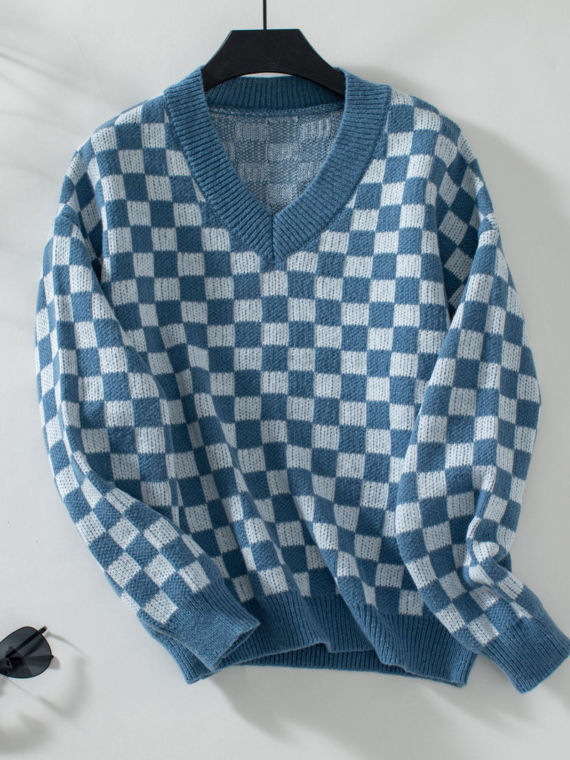 Hazel Blues® |  Checkered V-Neck Dropped Shoulder Sweater