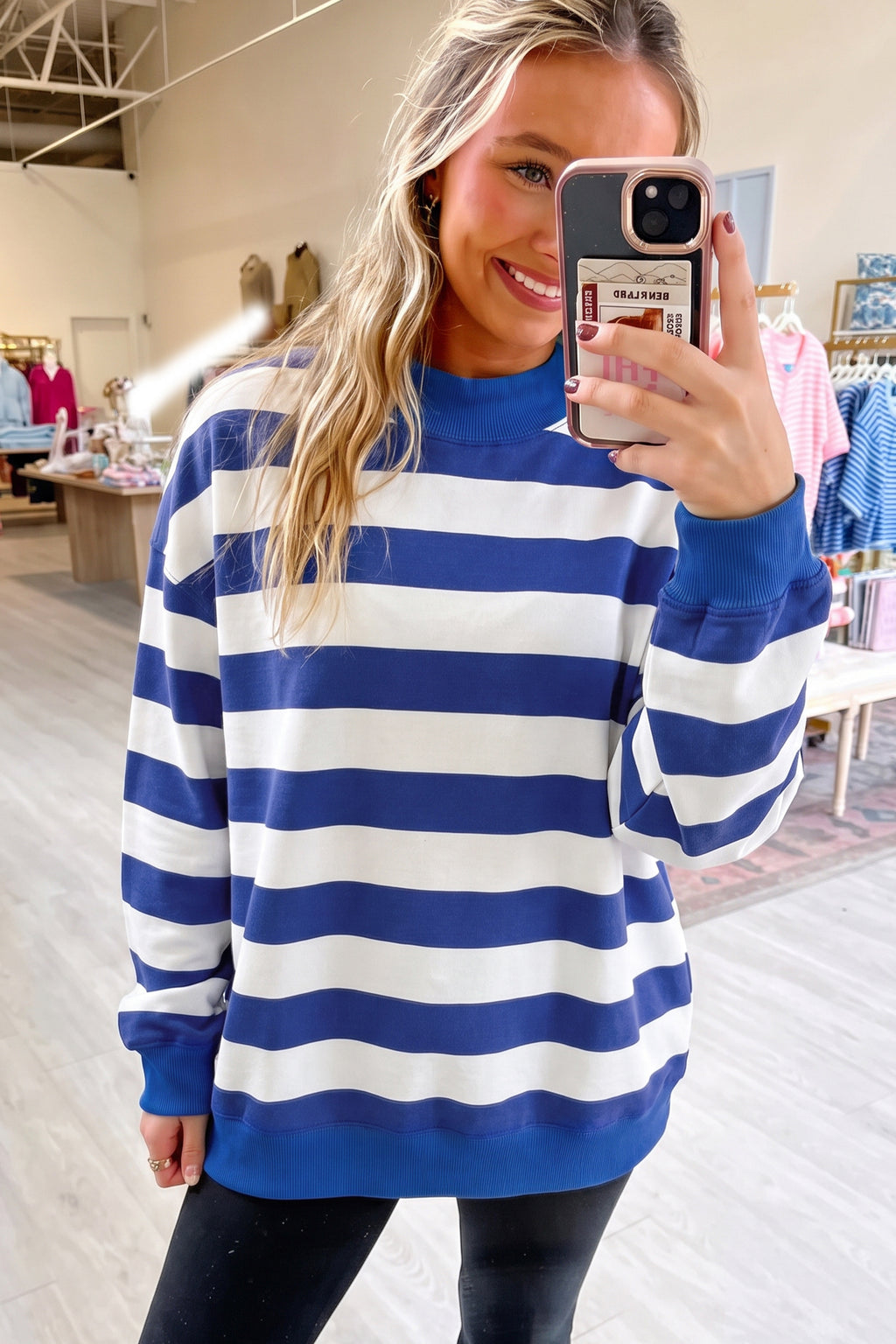 Blue Stripe Color-Block Mock-Neck Relaxed Sweatshirt