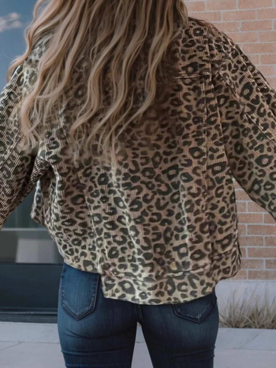 Hazel Blues® |  Asymmetrical Hem Collared Neck Leopard Jacket