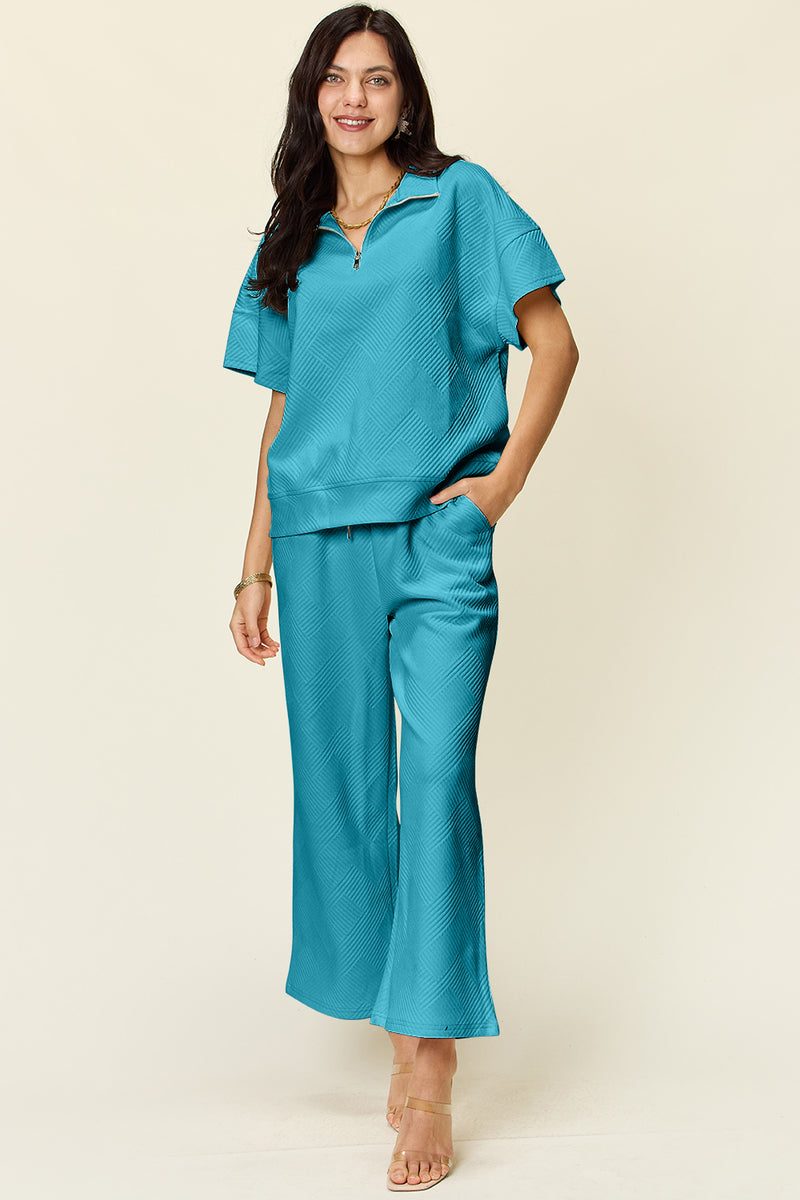 Hazel Blues® |  Double Take Texture Half Zip Short Sleeve Top and Pants Set