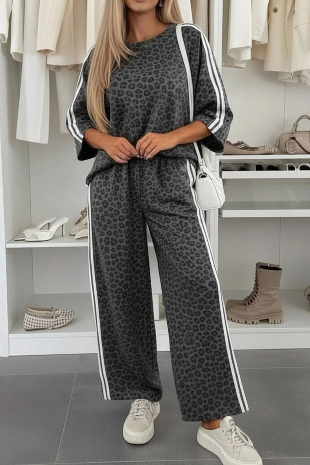 Sadie Faith Gray Varsity Leopard Striped Pants Set