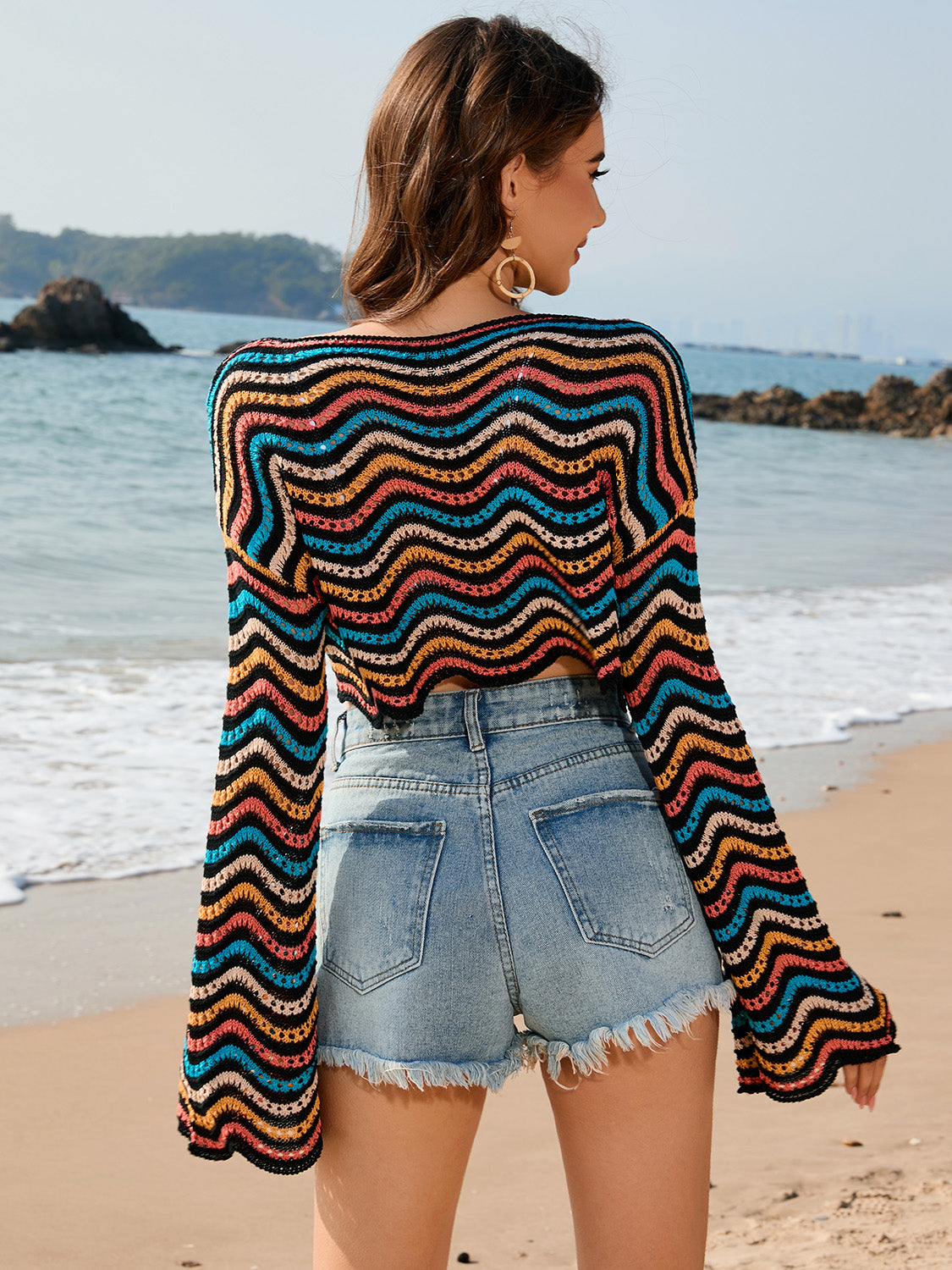 Hazel Blues® |  Striped Boat Neck Long Sleeve Cover Up