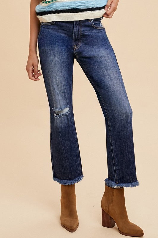 Hazel Blues® |  Annie Wear Distressed Raw Hem Straight Leg Cropped Jeans