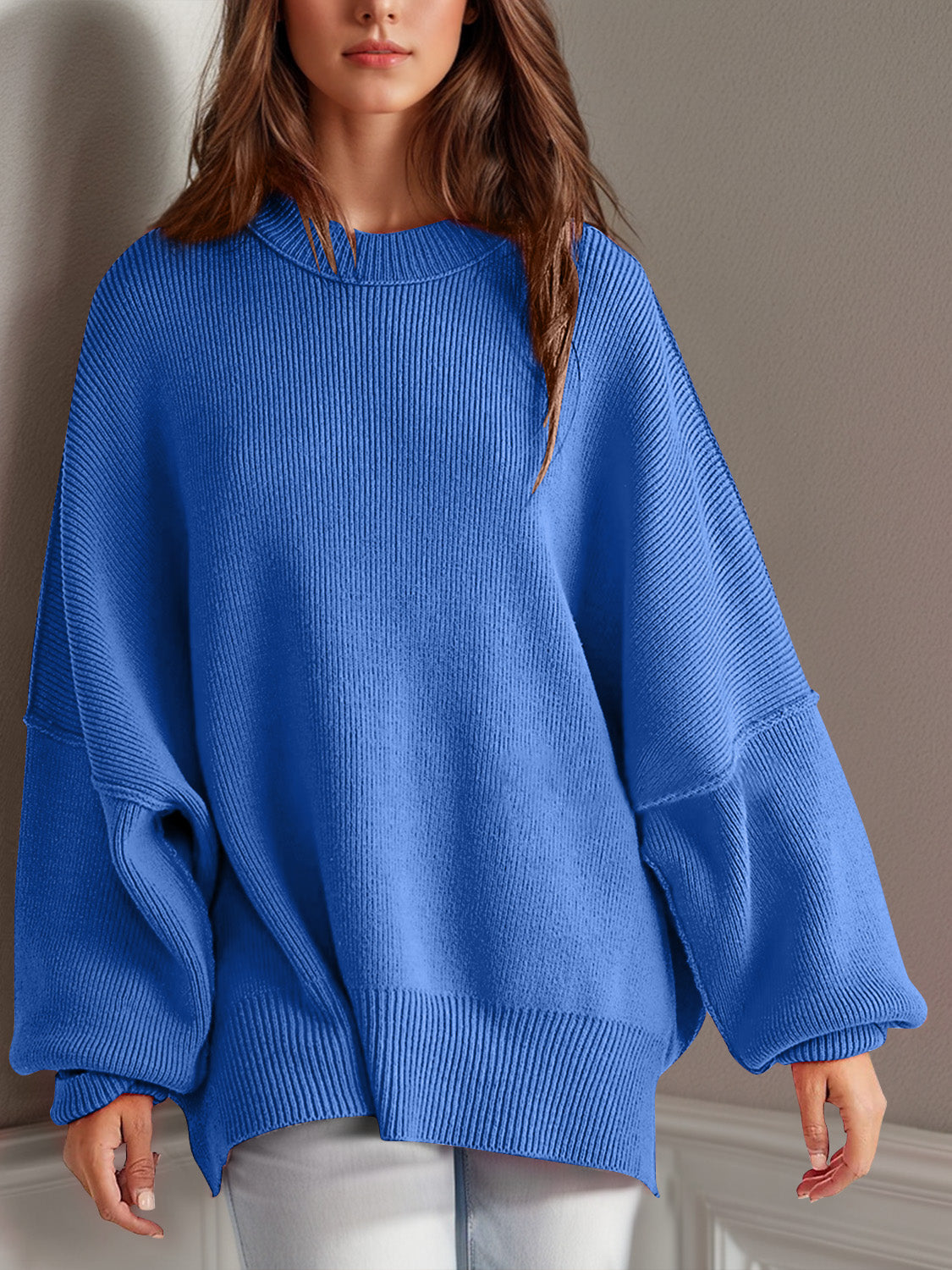 Hazel Blues® |  Double Take Side Slit Round Neck Long Sleeve Sweater