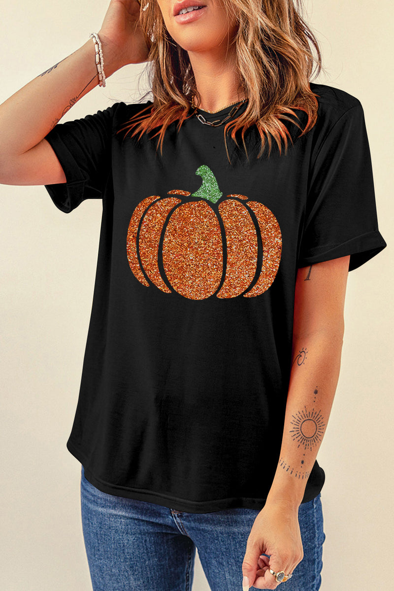 Hazel Blues® |  Glitter Pumpkin Round Neck Short Sleeve T-Shirt