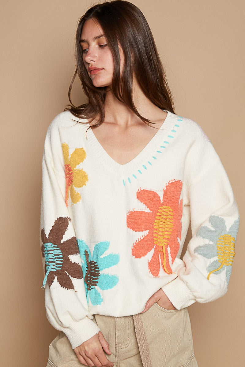 Hazel Blues® |  POL V-Neck Long Sleeve Flower Fringe Sweater