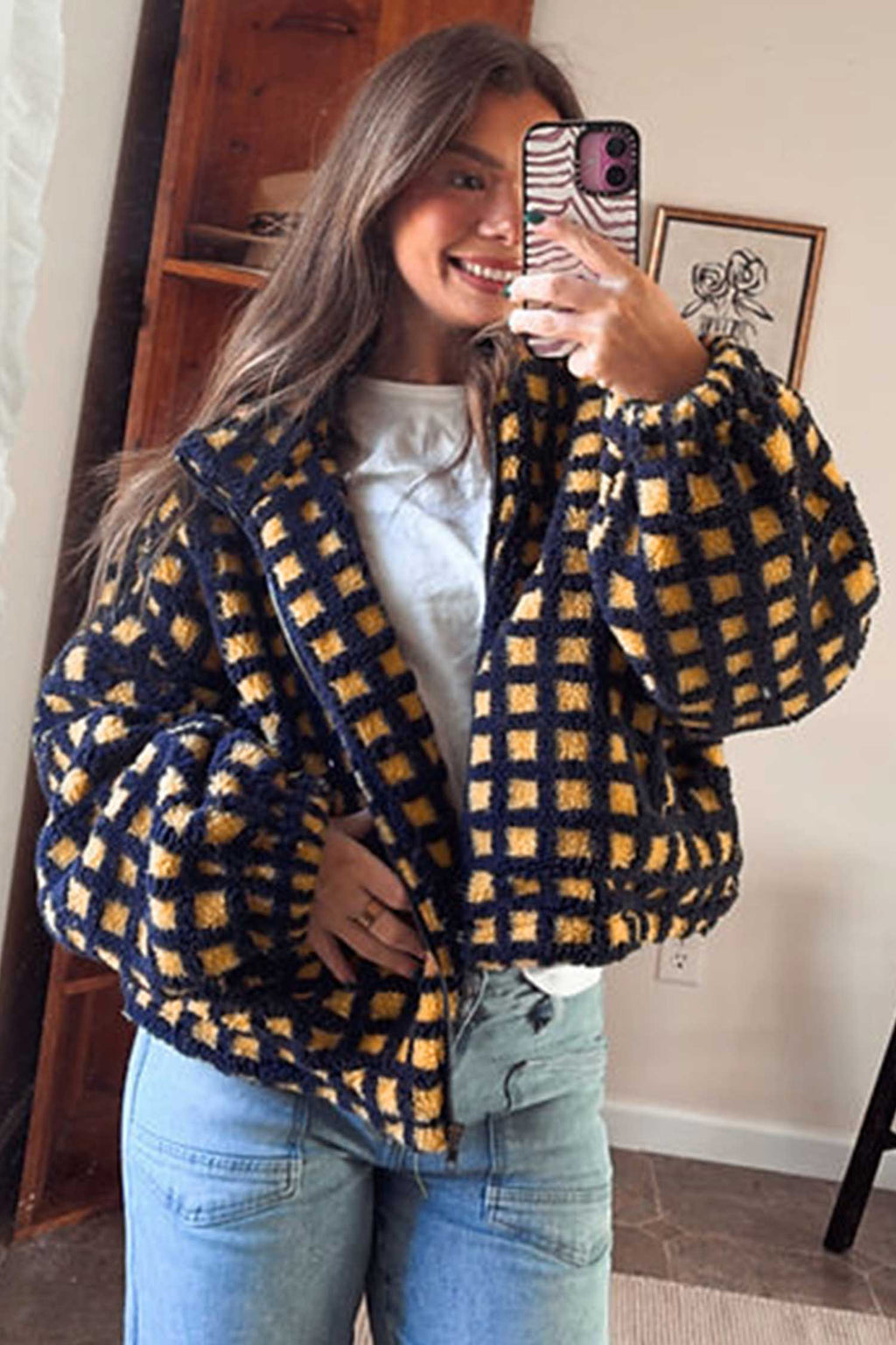 Blue Plaid Sherpa Zip-Up Jacket