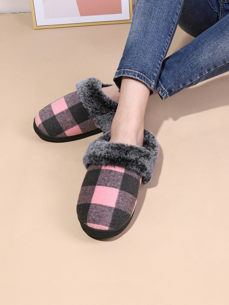 Hazel Blues® |  Plaid Furry Round Toe Flat Slippers