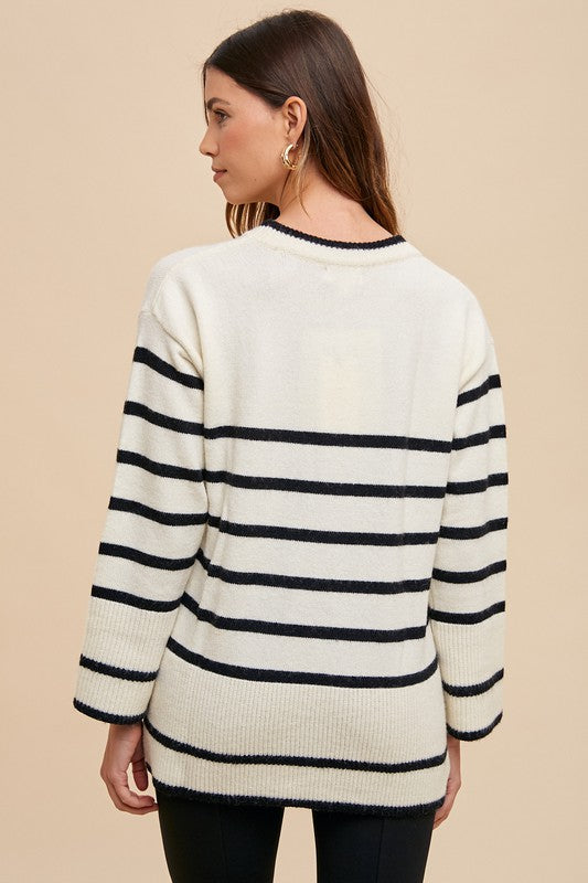 Hazel Blues® |  Annie Wear Side Slit Striped Round Neck Sweater