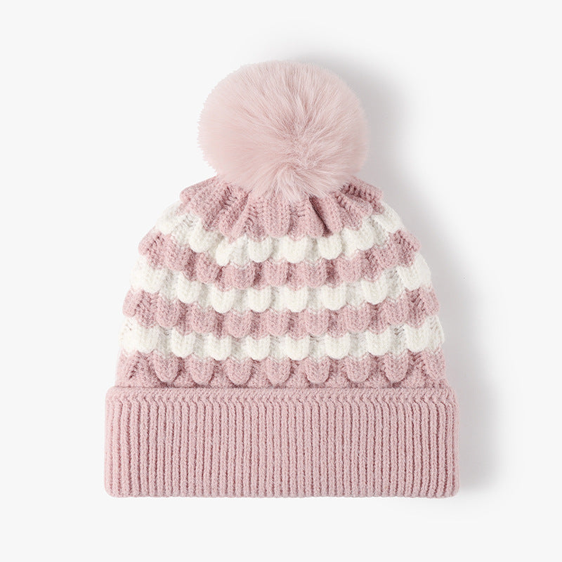 Hazel Blues® |  Striped Contrast Knit Hat with Pom-pom