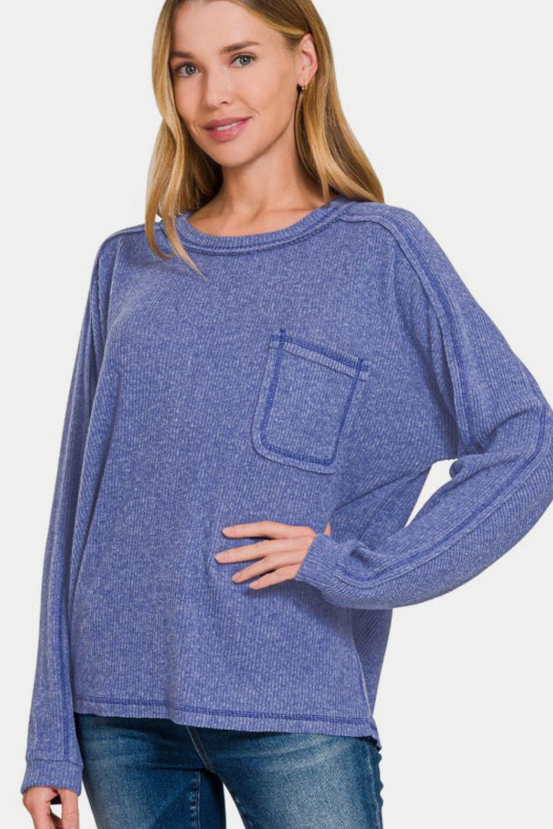 Hazel Blues® |  Zenana Contrast Stitching Brushed Ribbed Hacci Knit Top