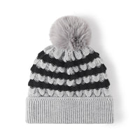 Hazel Blues® |  Striped Contrast Knit Hat with Pom-pom