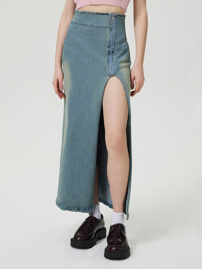 Hazel Blues® |  Slit Denim Skirt with Zip