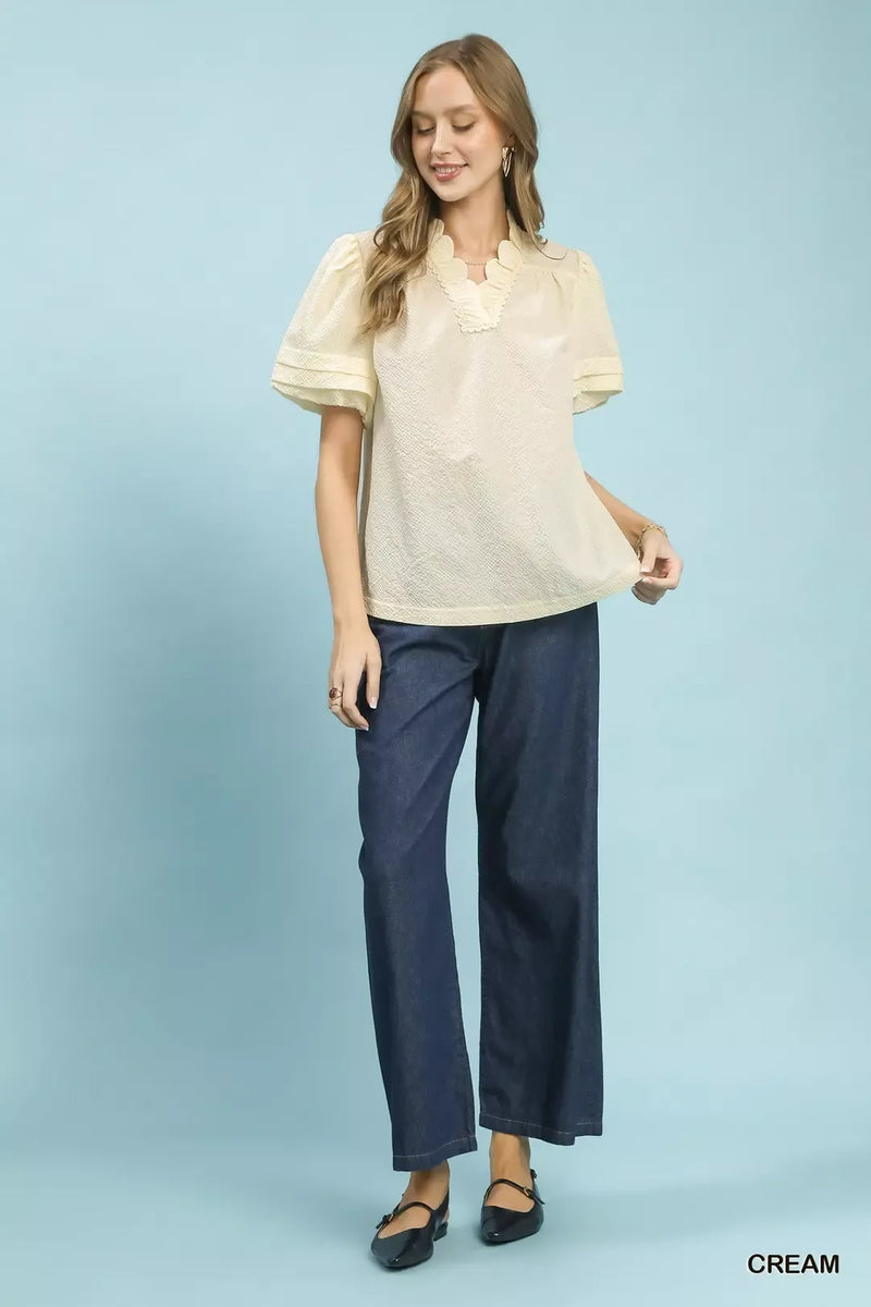 Hazel Blues® | Umgee Textured Scallop Trim Puff Sleeve Blouse