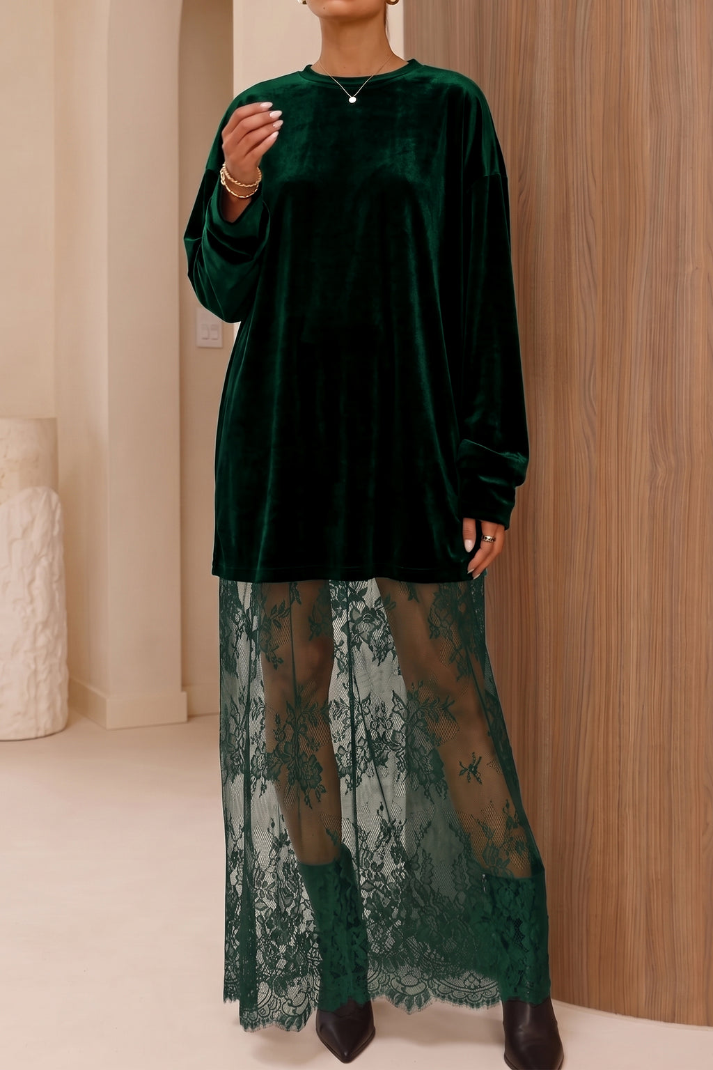 Eloise Taylor Dark Green Velvet Lace Maxi Dress