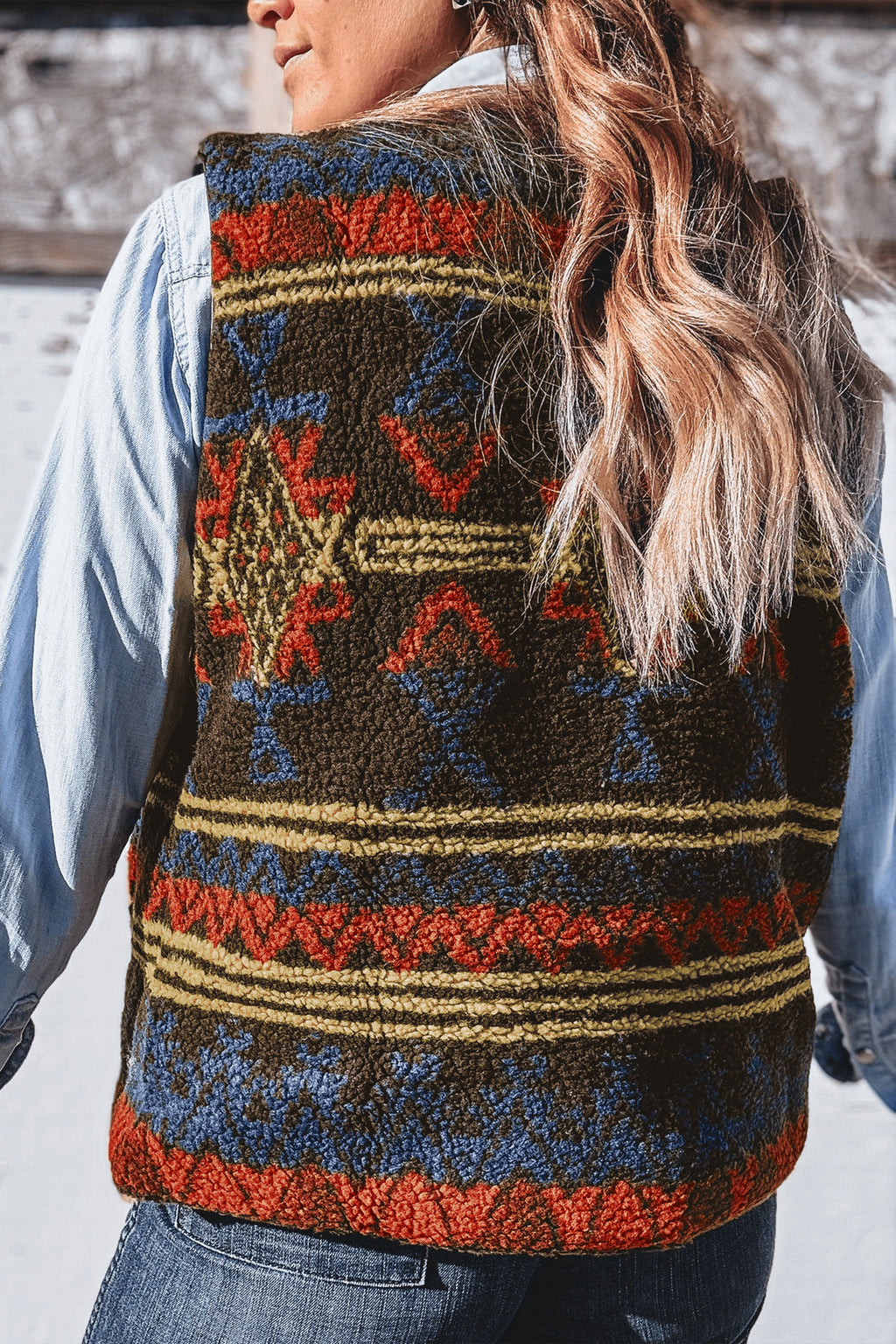 Multicolor Western Print Faux Fur Metal Zipper Insert Pockets Sleeveless Vest