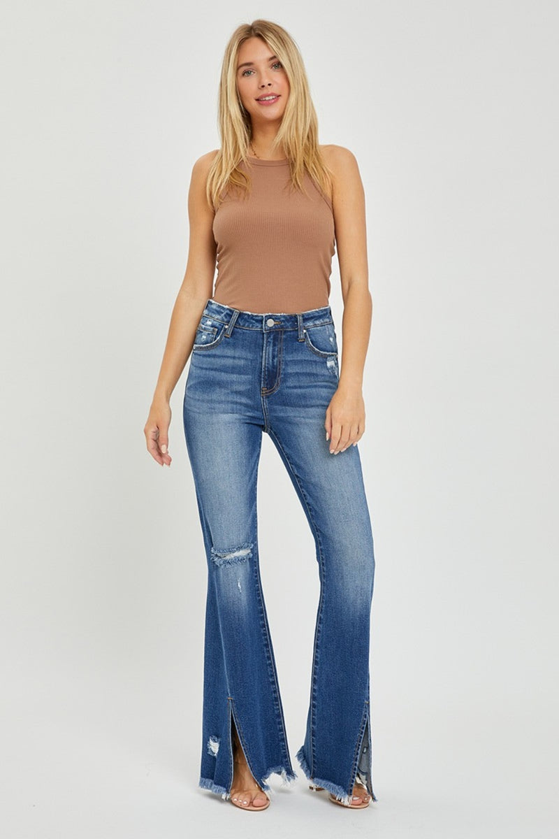 Hazel Blues® |  RISEN High Rise Front Slit Frayed Hem Flare Jeans