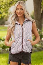 Hazel Blues® |  Brown Stripe Snap Button Scalloped Hem Collared Winter Vest