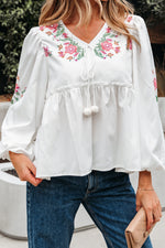 Hazel Blues® |  White Flower Lace-up V Neck Babydoll Blouse
