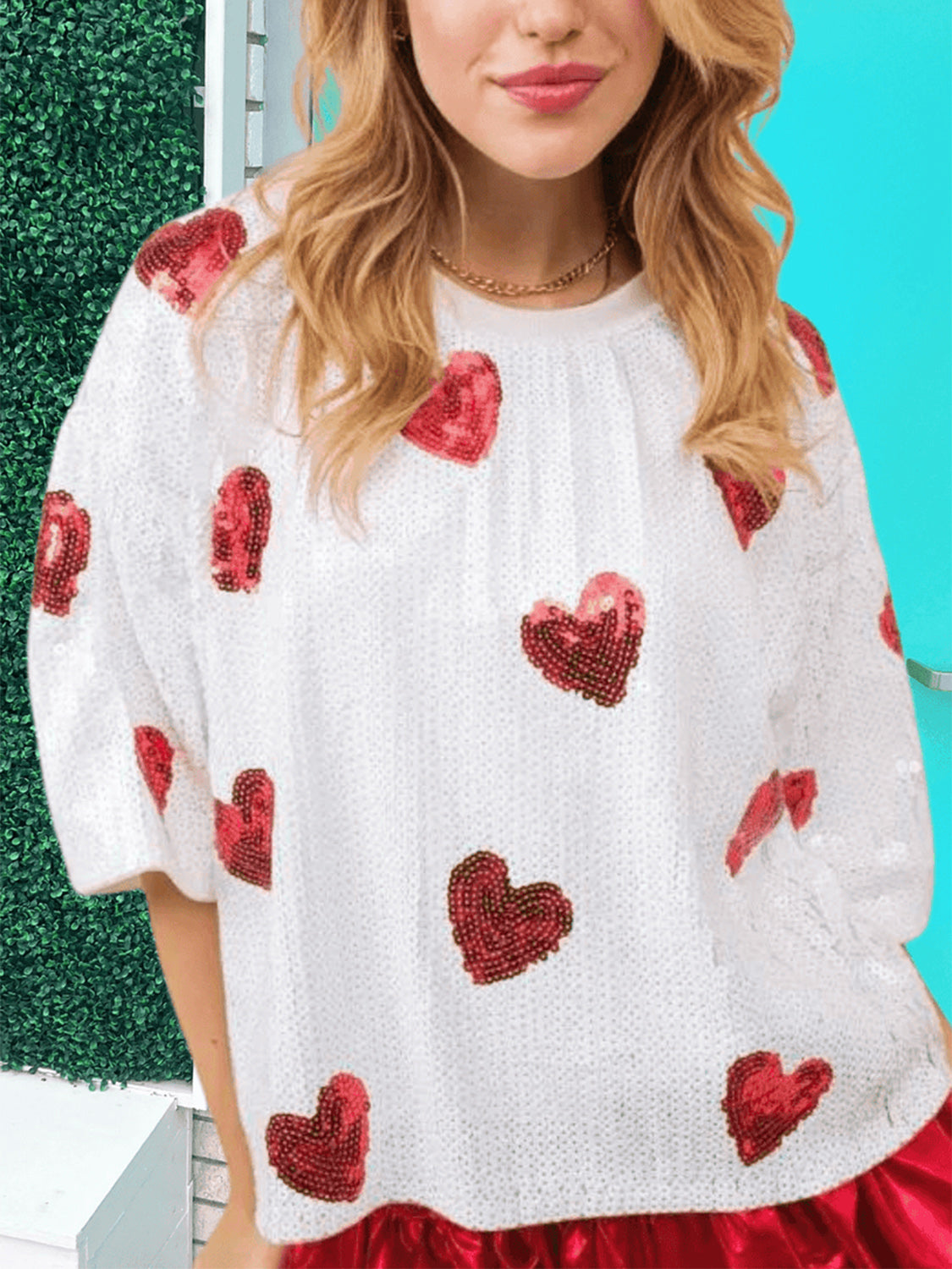 Hazel Blues® |  Valentine’s Day Sequin Heart Round Neck Half Sleeve Top