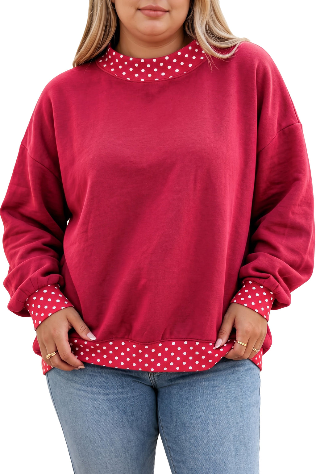 Red Polka Dot Patchwork Round-Neck Sweatshirt